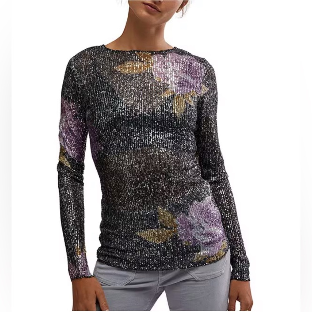 NWT Free People Gold Rush Sequin Floral Top Sz S in Amethyst Combo Y2K Romantic